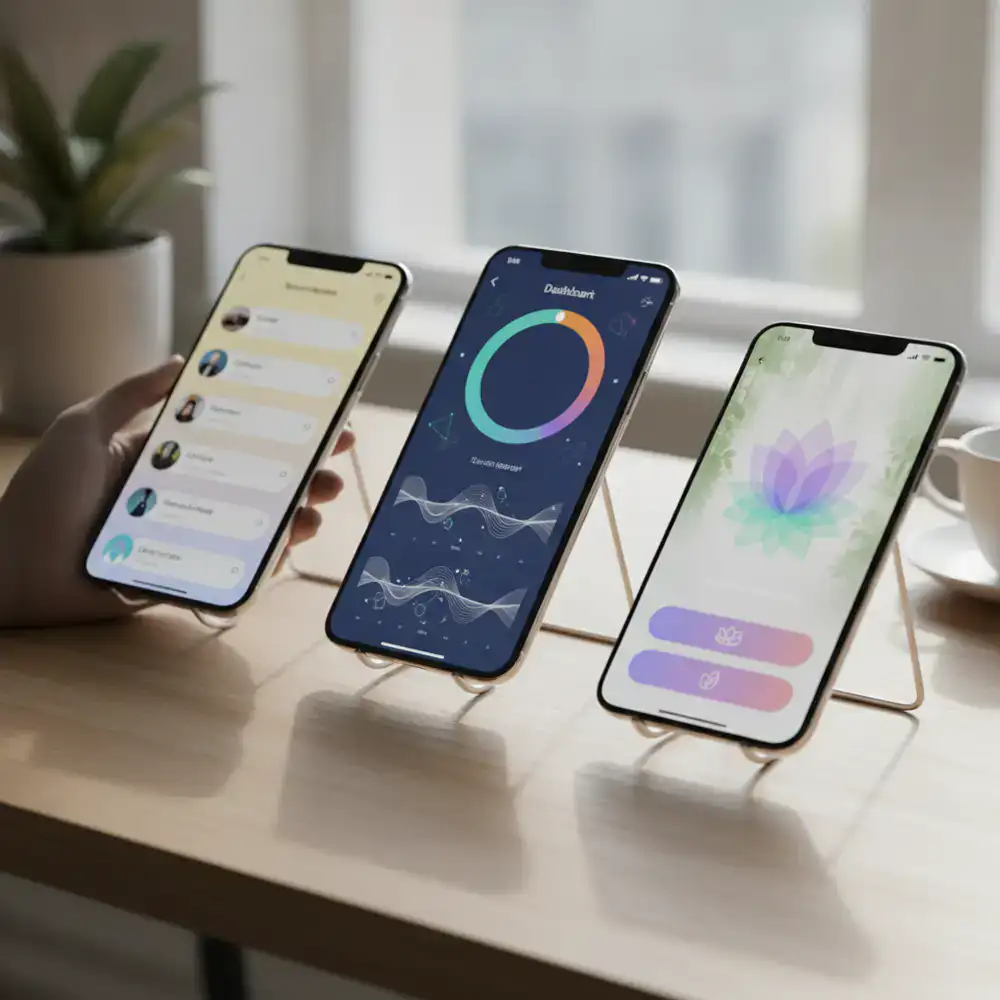 Multiple mobile application screens showing diverse UI designs